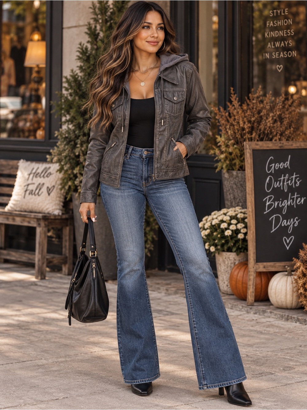 B824. Stylish Hooded Faux Leather Jacket in Gray